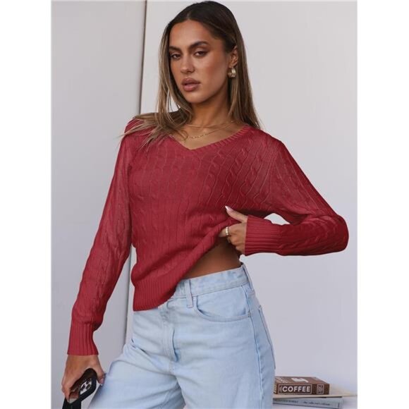 Women's Long Sleeve Cable Knit Sweater Fall V Neck Fitted Pullover Top - Picture 5 of 7